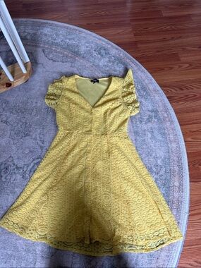 Lulus Yellow Lace Button-Front Fit & Flare Dress